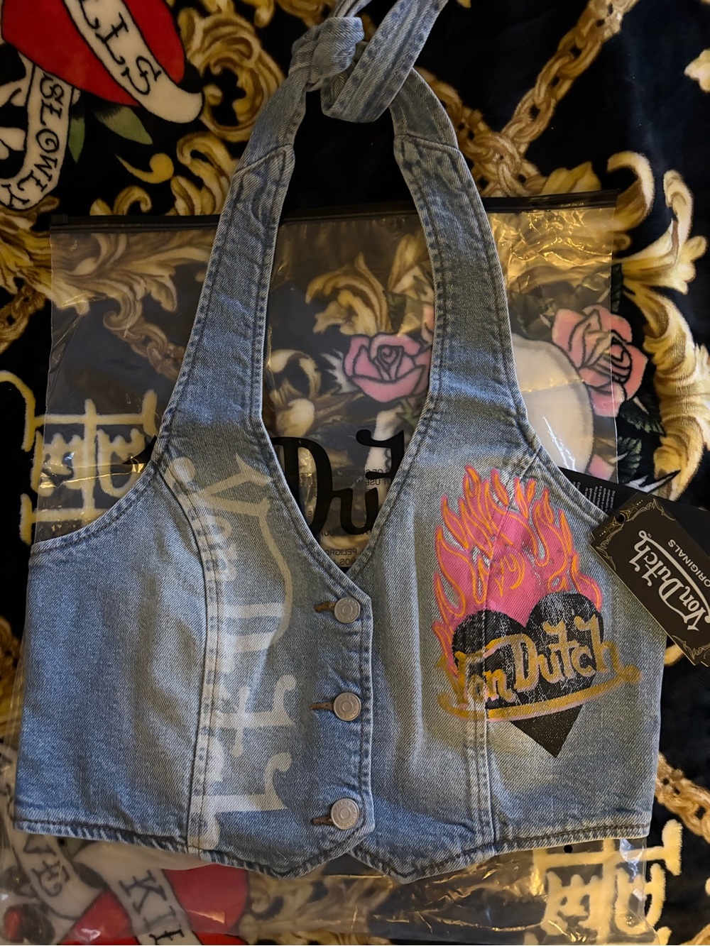 Von Dutch Light Blue Denim Halter Vest with Flaming Heart Graphic
